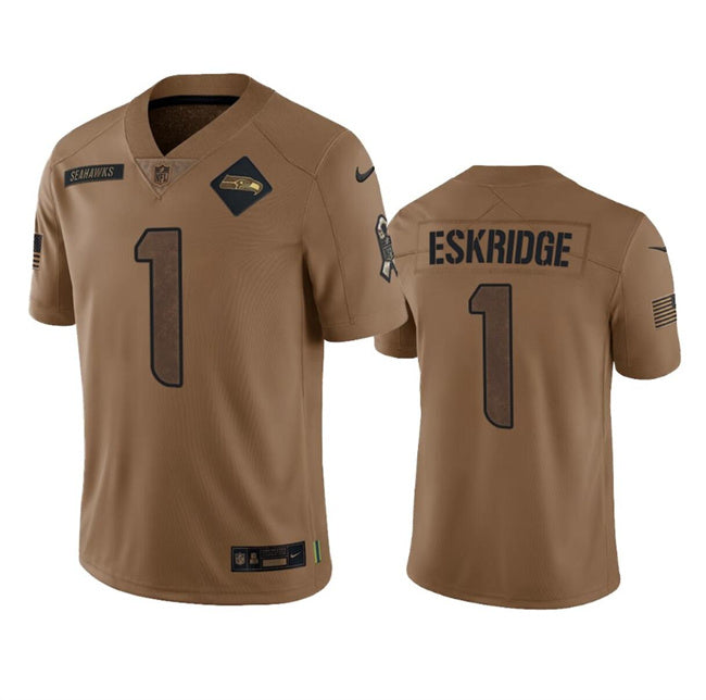 Mens Seattle Seahawks #1 Dee Eskridge 2023 Brown Salute To Service Limited Stitched Football Jersey