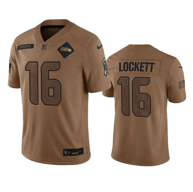 Mens Seattle Seahawks #16 Tyler Lockett 2023 Brown Salute To Service Limited Stitched Football Jersey