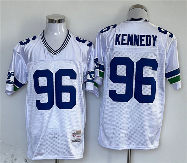 Mens Seattle Seahawks #96 Cortez Kennedy White Throwback Stitched Football Jersey