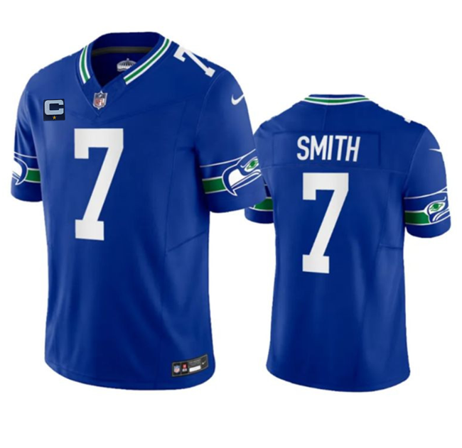 Mens Seattle Seahawks #7 Geno Smith Royal 2023 FUSE With 1-Star C Patch Vapor Limited Throwback Stitched Jersey