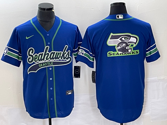 Mens Seattle Seahawks Royal Throwback Team Big Logo Cool Base Stitched Baseball Jersey