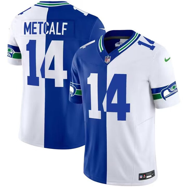 Mens Seattle Seahawks #14 DK Metcalf Royal/White Split 2023 FUSE Throwback Vapor Limited Stitched Football Jersey