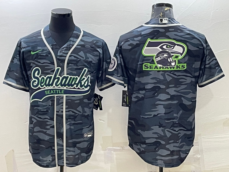 Mens Seattle Seahawks Grey Camo Team Big Logo With Patch Cool Base Stitched Baseball Jersey