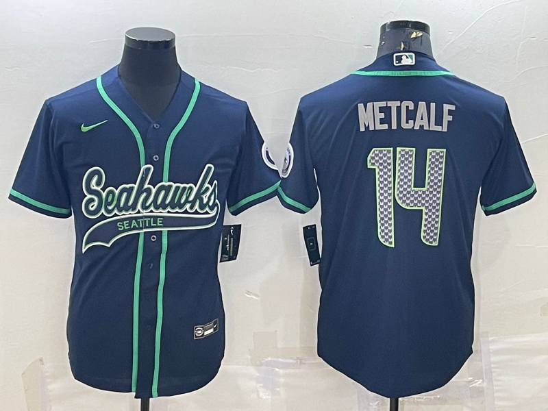 Mens Seattle Seahawks #14 DK Metcalf Navy With Patch Cool Base Stitched Baseball Jersey