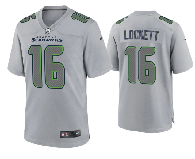Mens Seattle Seahawks #16 Tyler Lockett Grey Atmosphere Fashion Stitched Game Jersey