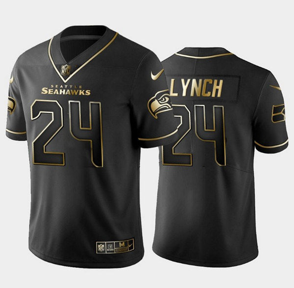 Mens Seattle Seahawks #24 Marshawn Lynch Black Golden Edition Limited Stitched Jersey