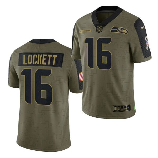 Mens Seattle Seahawks #16 Tyler Lockett 2021 Olive Salute To Service Limited Stitched Jersey