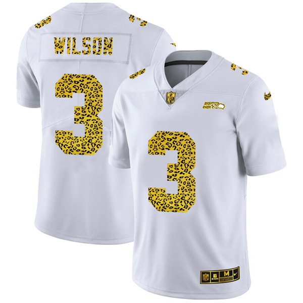 Mens Seattle Seahawks #3 Russell Wilson 2020 White Leopard Print Fashion Limited Stitched Jersey