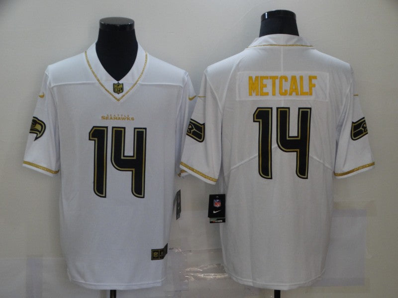 Mens Seattle Seahawks #14 DK Metcalf White Golden Stitched Jersey