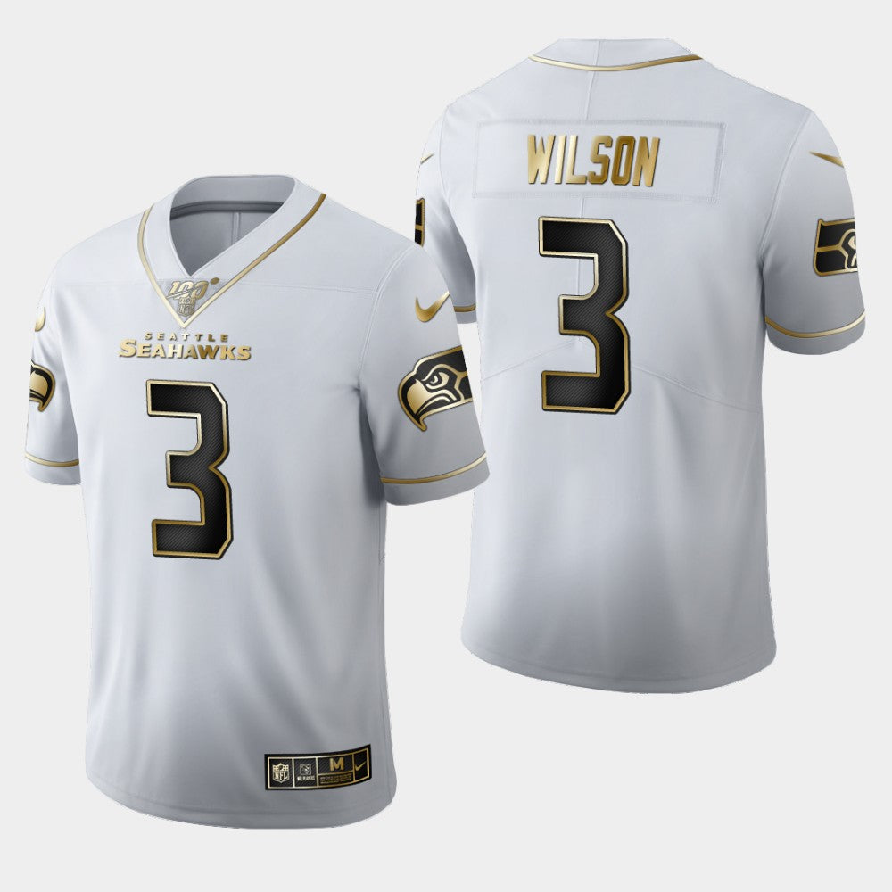 Mens Seattle Seahawks #3 Russell Wilson White 2019 100th Season Golden Edition Limited Stitched NFL Jersey