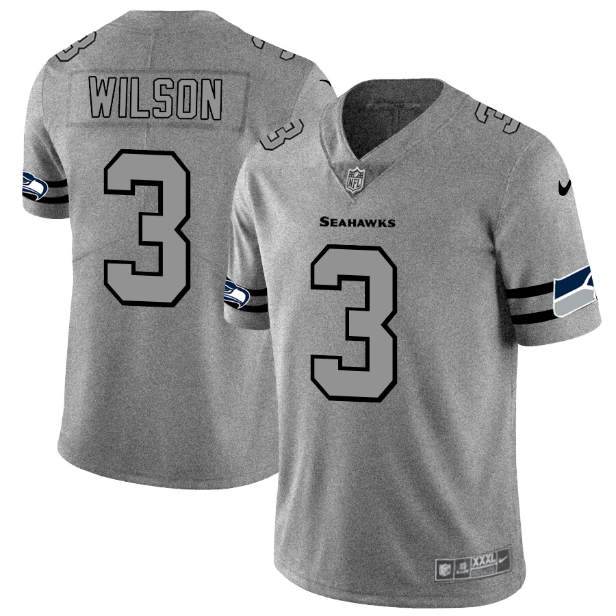 Mens Seattle Seahawks #3 Russell Wilson 2019 Gray Gridiron Team Logo Limited Stitched NFL Jersey