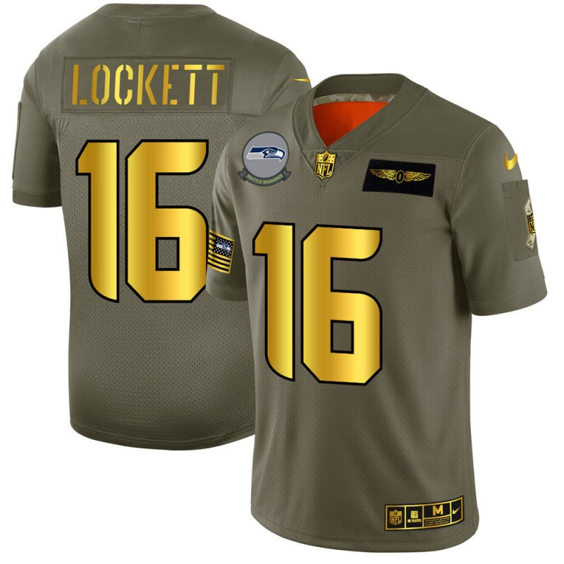 Mens Seattle Seahawks #16 Tyler Lockett 2019 Olive/Gold Salute To Service Limited Stitched NFL Jersey