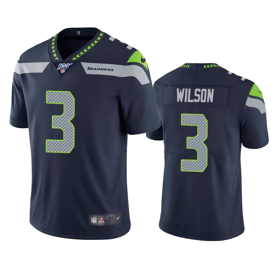 Mens Seattle Seahawks #3 Russell Wilson Navy 2019 100th Season Vapor Untouchable Limited Stitched NFL Jersey