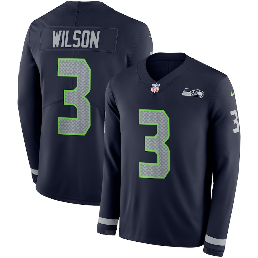 Mens Seattle Seahawks #3 Russell Wilson Navy Therma Long Sleeve Stitched NFL Jersey