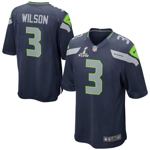 Mens Seattle Seahawks #3 Russell Wilson Blue Nike 2014 Super Bowl XLVIII Game Jersey