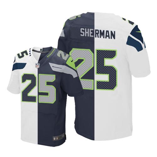Nike Seahawks #25 Richard Sherman White/Steel Blue Mens Stitched NFL Elite Split Jersey