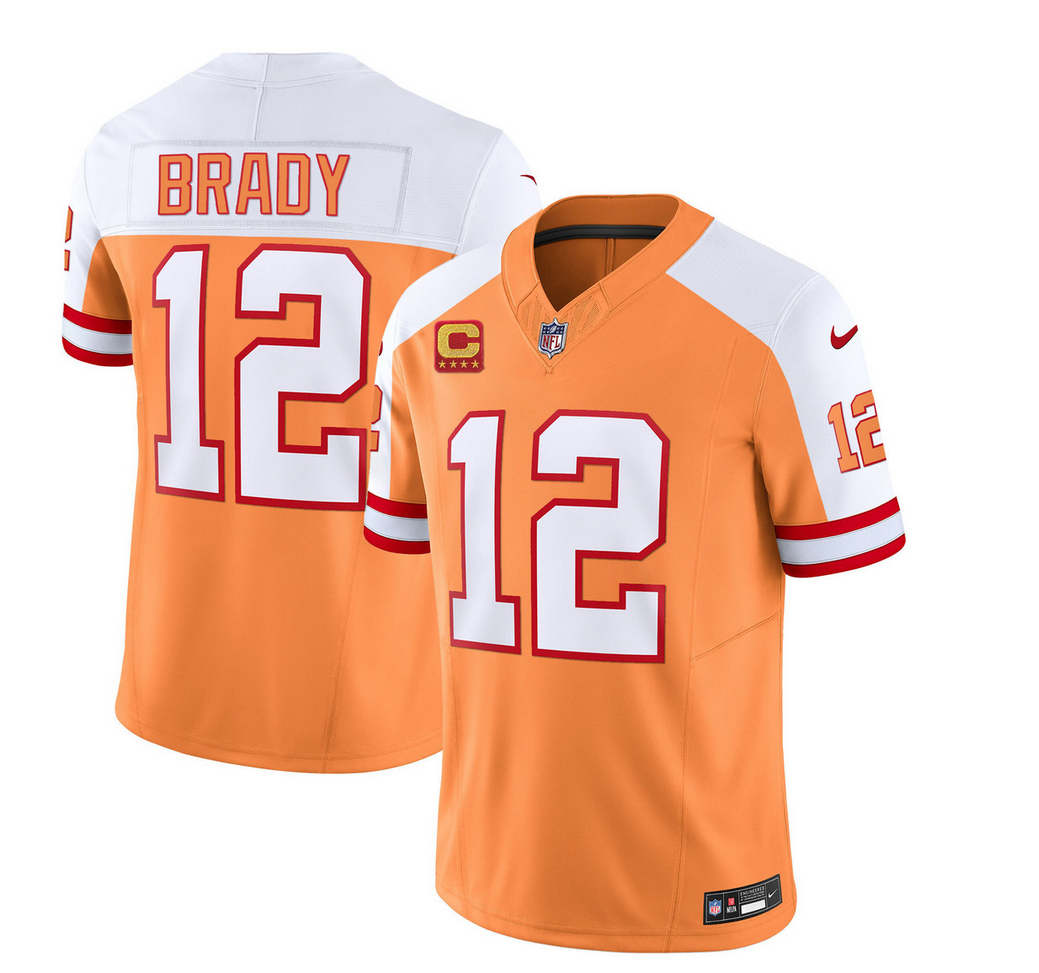 Mens Tampa Bay Buccaneers #12 Tom Brady 2023 FUSE White/Orange With 4-Star C Patch Throwback Limited Stitched Jersey