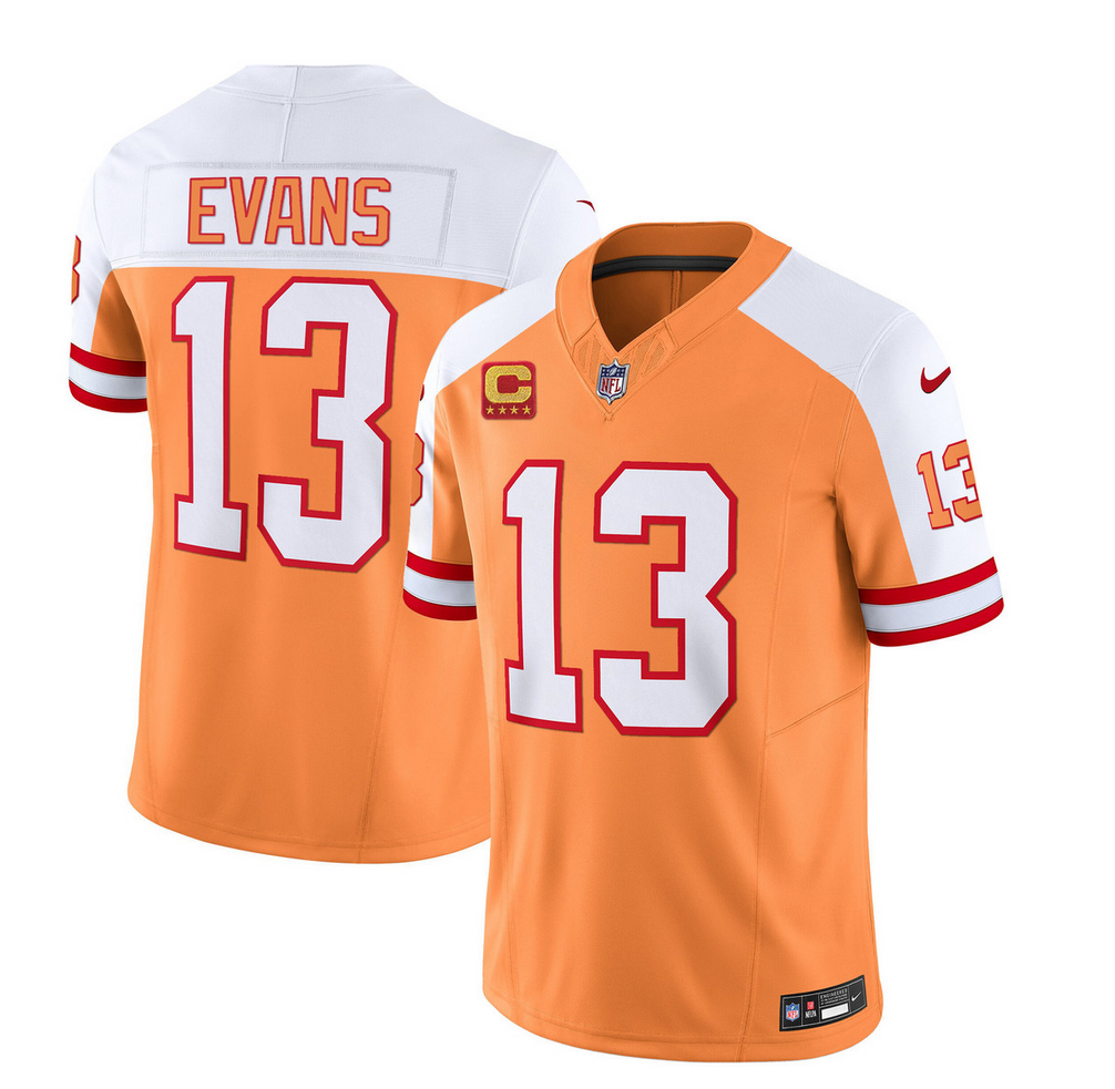 Mens Tampa Bay Buccaneers #13 Mike Evans 2023 FUSE White/Orange With 4-Star C Patch Throwback Limited Stitched Jersey