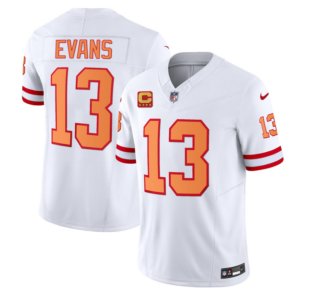 Mens Tampa Bay Buccaneers #13 Mike Evans 2023 FUSE White With 4-Star C Patch Throwback Limited Stitched Jersey
