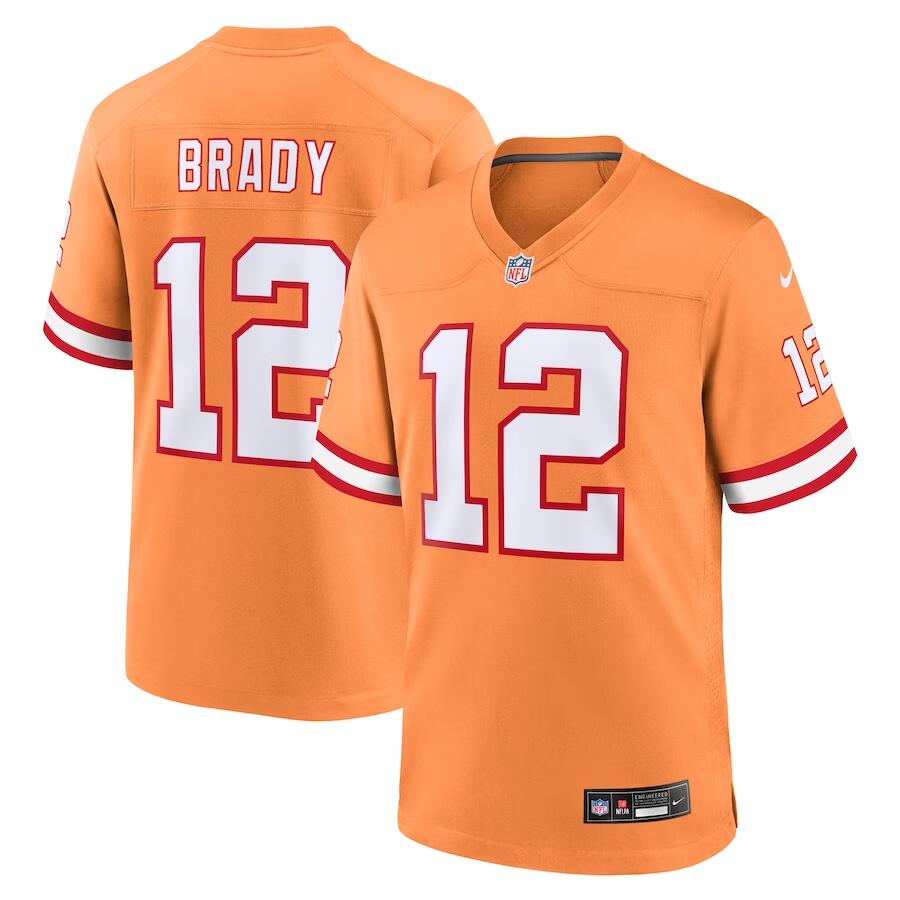 Mens Tampa Bay Buccaneers #12 Tom Brady Orange Throwback Limited Stitched Game Jersey