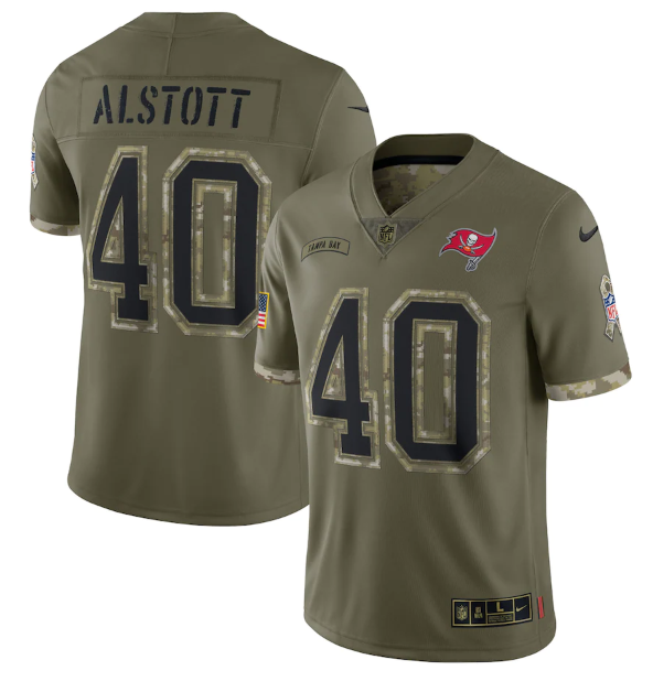 Mens Tampa Bay Buccaneers #40 Mike Alstott Olive 2022 Salute To Service Limited Stitched Jersey