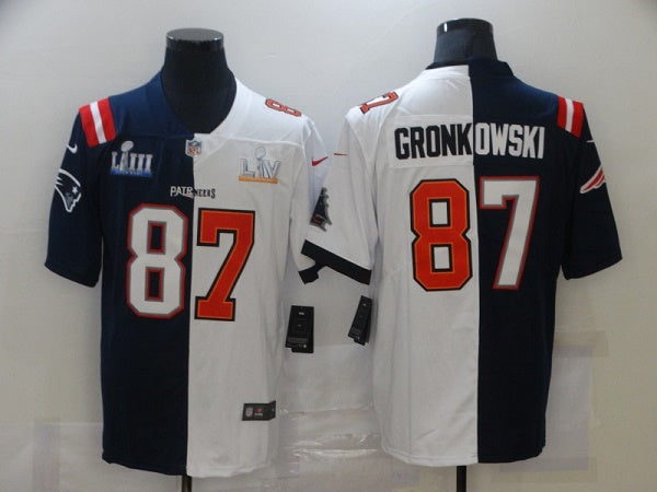 Mens Tampa Bay Buccaneers #87 Rob Gronkowski White Navy Super Bowl Split GOAT Stitched Jersey