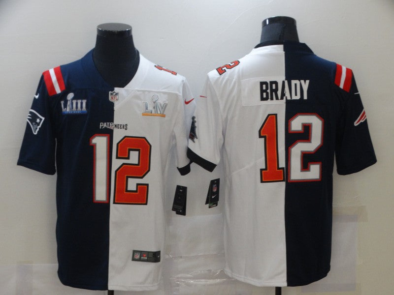 Mens Tampa Bay Buccaneers #12 Tom Brady White Navy Super Bowl Split GOAT Stitched Jersey