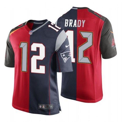 Mens Tampa Bay Buccaneers #12 Tom Brady Red and Navy Split GOAT Stitched Jersey