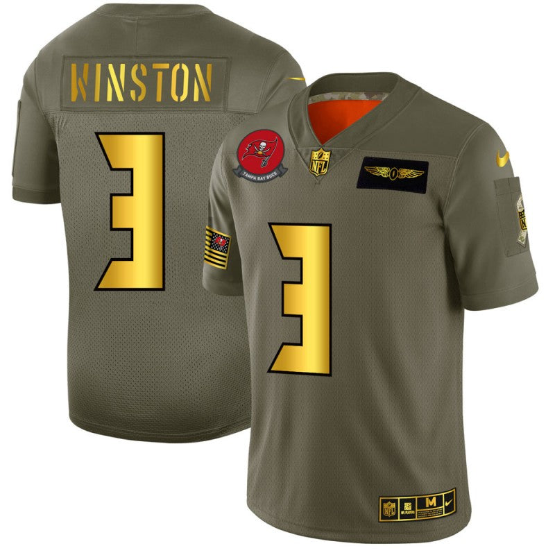 Mens Tampa Bay Buccaneers #3 Jameis Winston 2019 Olive/Gold Salute To Service Limited Stitched NFL Jersey