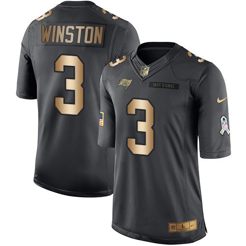 Nike Buccaneers #3 Jameis Winston Black Mens Stitched NFL Limited Gold Salute To Service Jersey