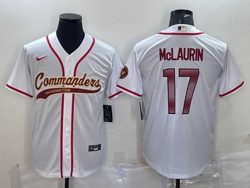 Mens Washington Commanders #17 Terry McLaurin White With Patch Cool Base Stitched Baseball Jersey
