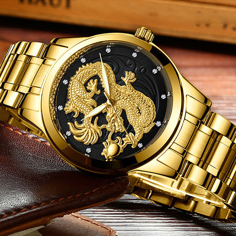 IL - Golden Stainless Steel Casual Watch Dragon Design. Waterproof. Luminous