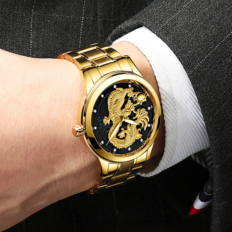 IL - Golden Stainless Steel Casual Watch Dragon Design. Waterproof. Luminous