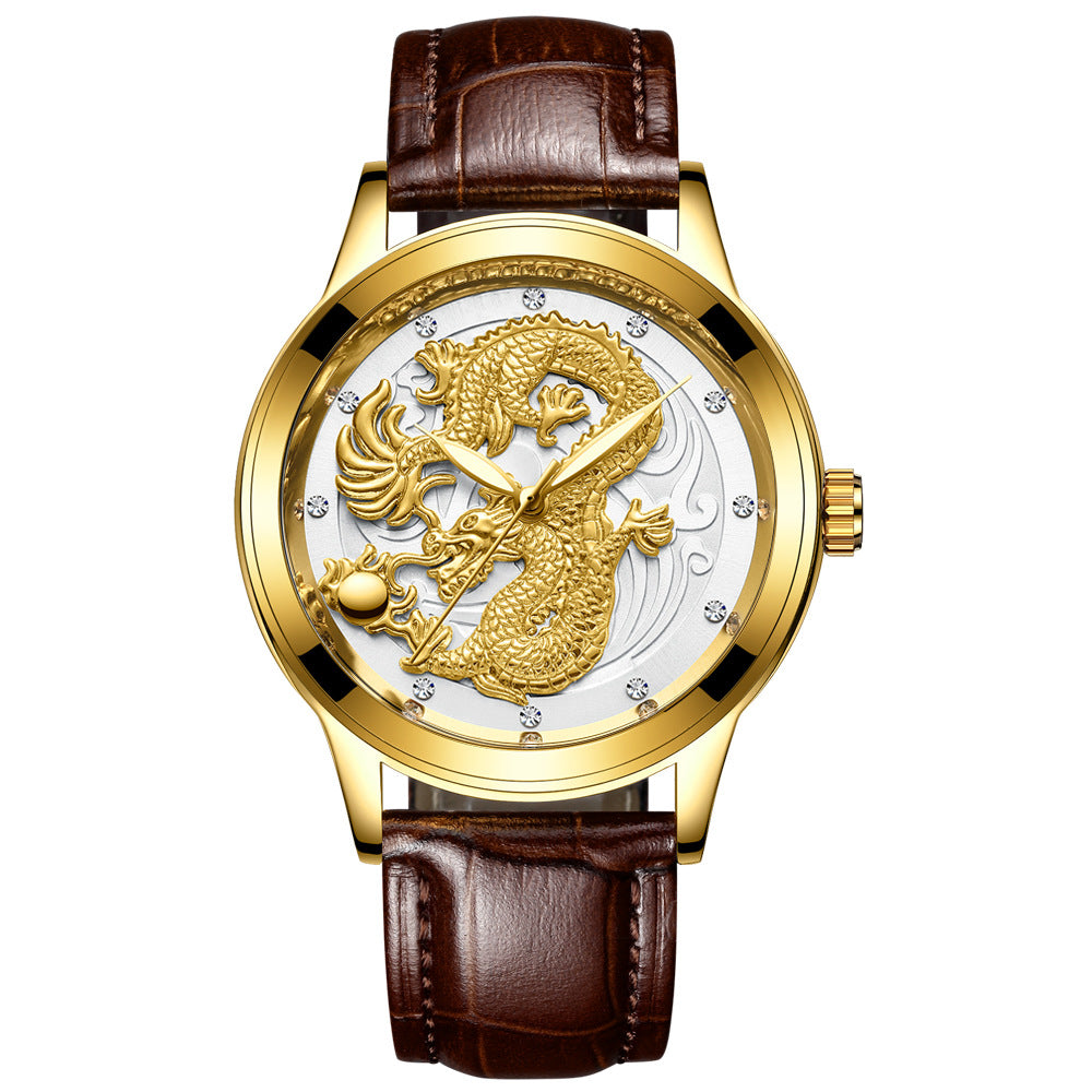 IL - Golden Stainless Steel Casual Watch Dragon Design. Waterproof. Luminous