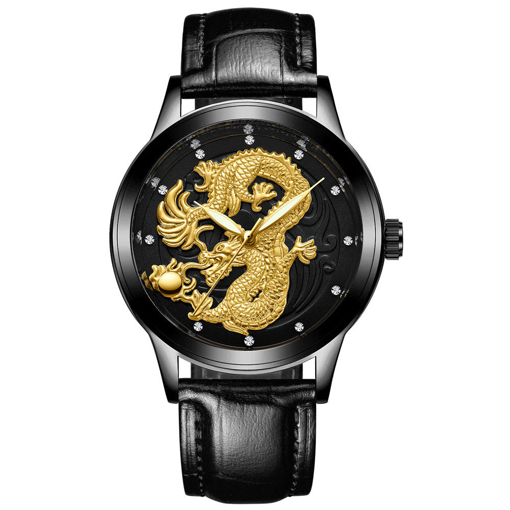 IL - Golden Stainless Steel Casual Watch Dragon Design. Waterproof. Luminous