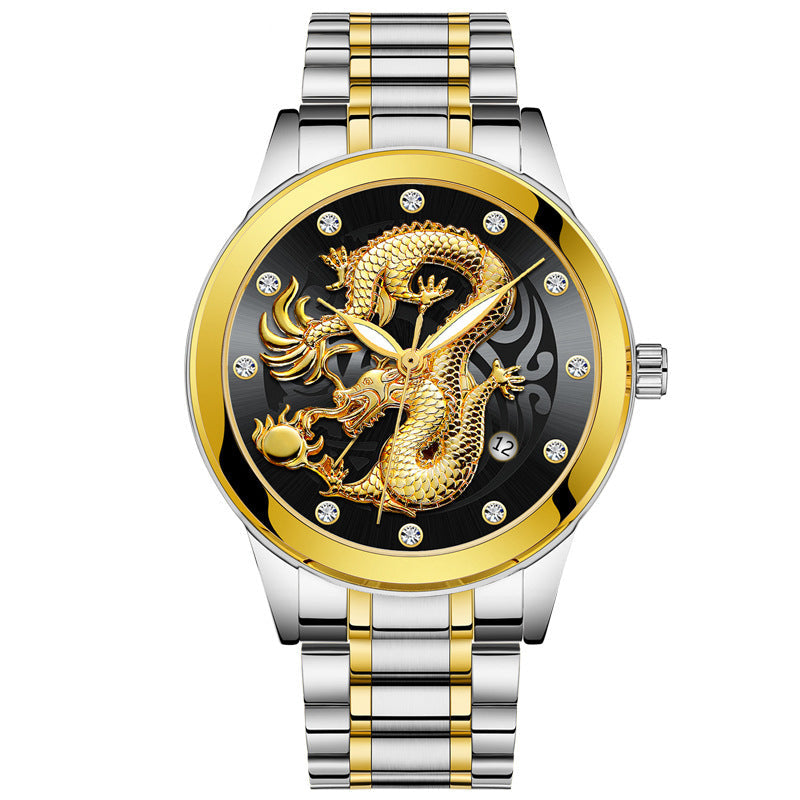 IL - Golden Stainless Steel Casual Watch Dragon Design. Waterproof. Luminous