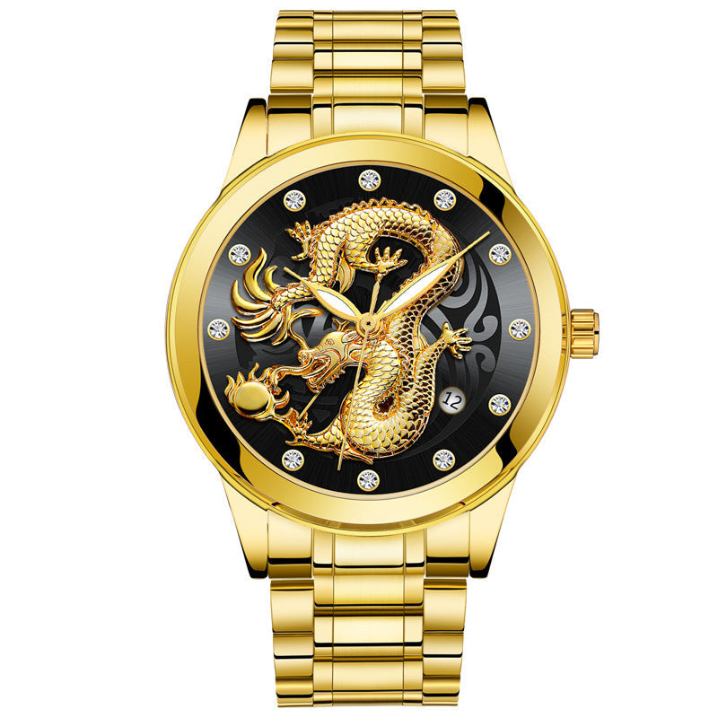 IL - Golden Stainless Steel Casual Watch Dragon Design. Waterproof. Luminous