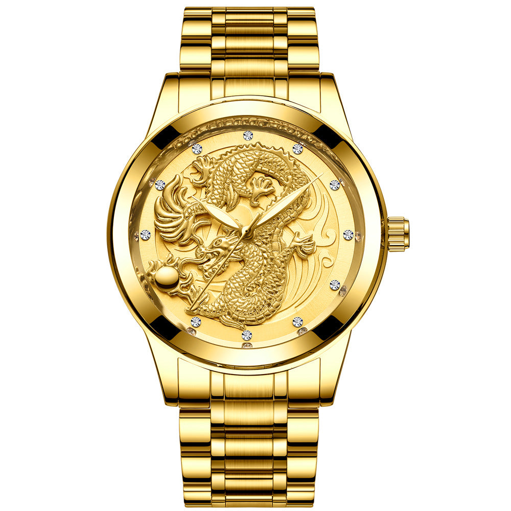 IL - Golden Stainless Steel Casual Watch Dragon Design. Waterproof. Luminous