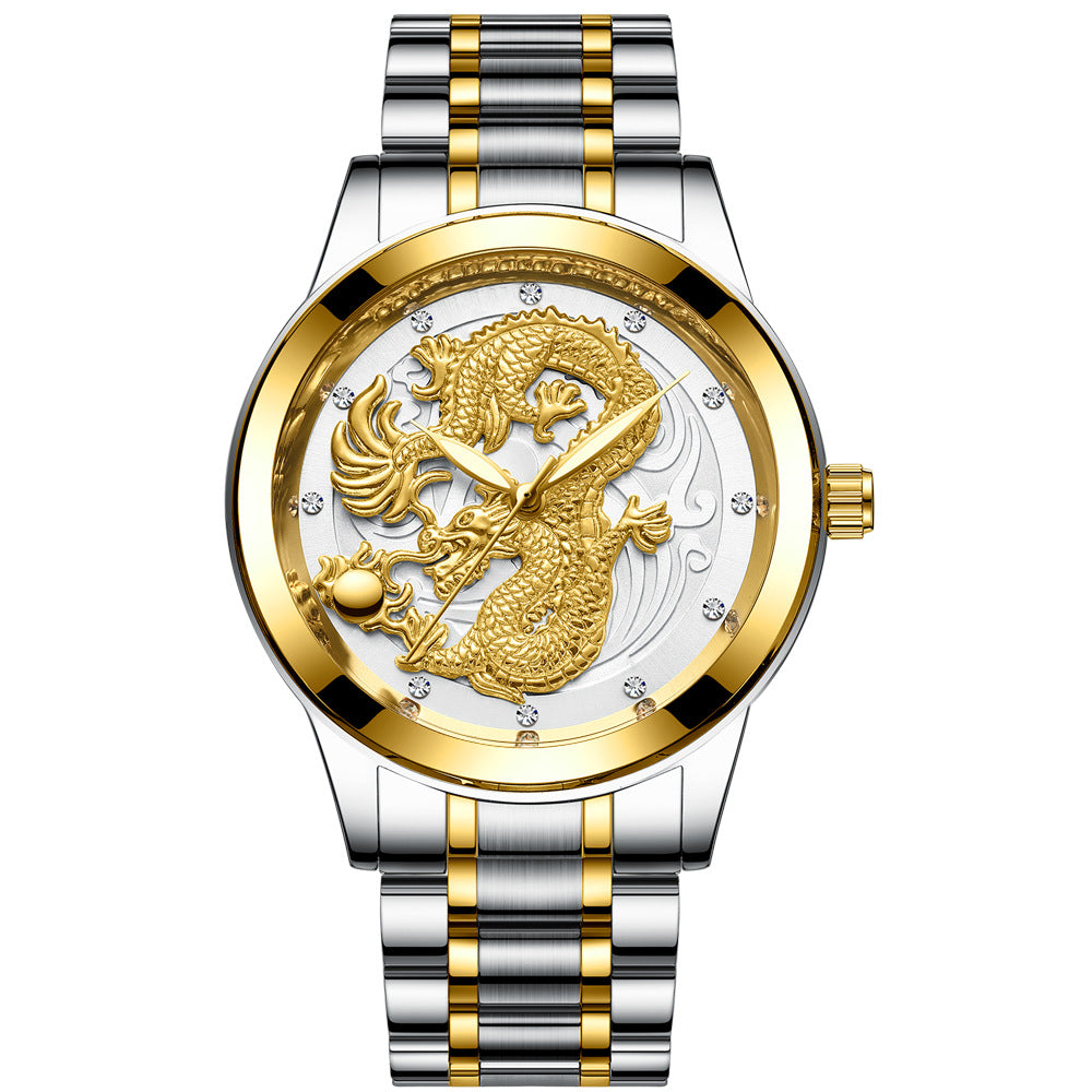 IL - Golden Stainless Steel Casual Watch Dragon Design. Waterproof. Luminous